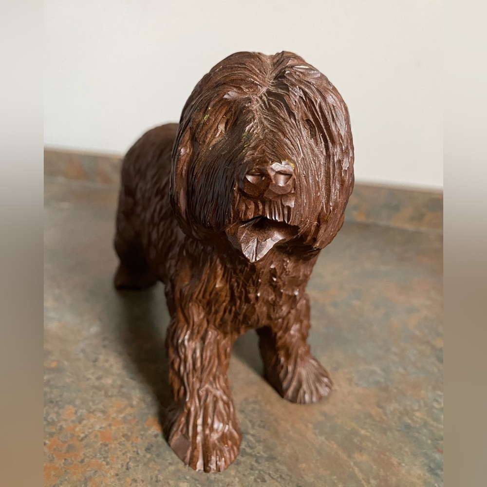 Vintage English Sheep Dog Sculpture: Detailed Solid Carved Pecan Shell Resin